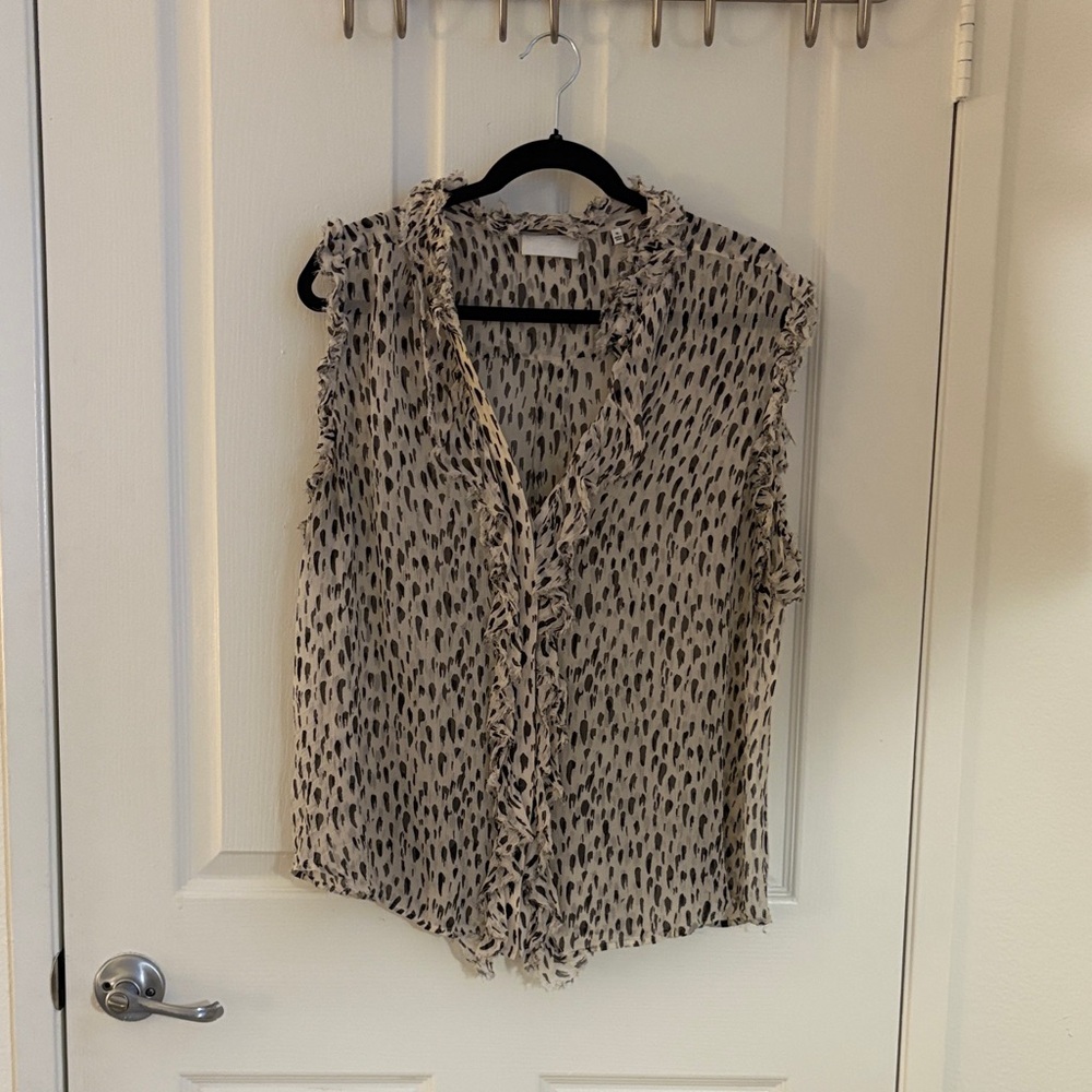 7 For All Mankind Sleeveless Ruffle V-Neck Printed Top - Cream/Black